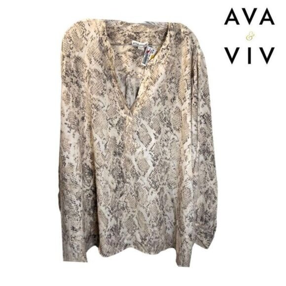 Ava‎ & Viv Women's Tunic Top Plus Size Snake Print Long Sleeve V-Neck - Picture 1 of 9